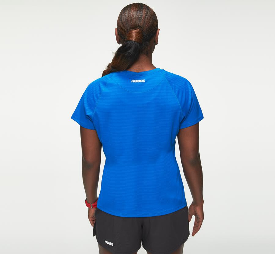 Top Hoka One One Mujer Azules - Performance Short Sleeve - PFGY65148